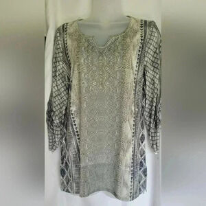 Chicos Crystal Green Gray Chiffon Embellished 3/4 Sleeve Top Size 0 (Small)